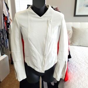 Blanknyc white cotton pointed moto jacket with sheer cutout panels size XS